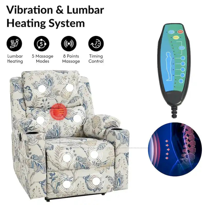 Larry Traditional Floral Dual Motor Heated Lift Assist Power Recliner with Massage Set of 2 by HULALA HOME