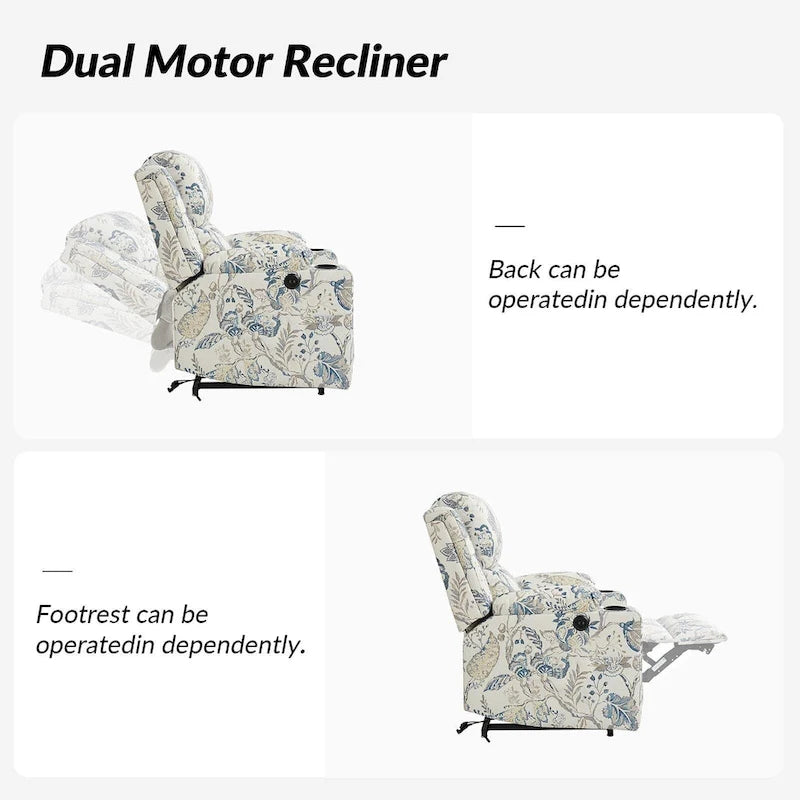 Larry Traditional Floral Dual Motor Heated Lift Assist Power Recliner with Massage Set of 2 by HULALA HOME