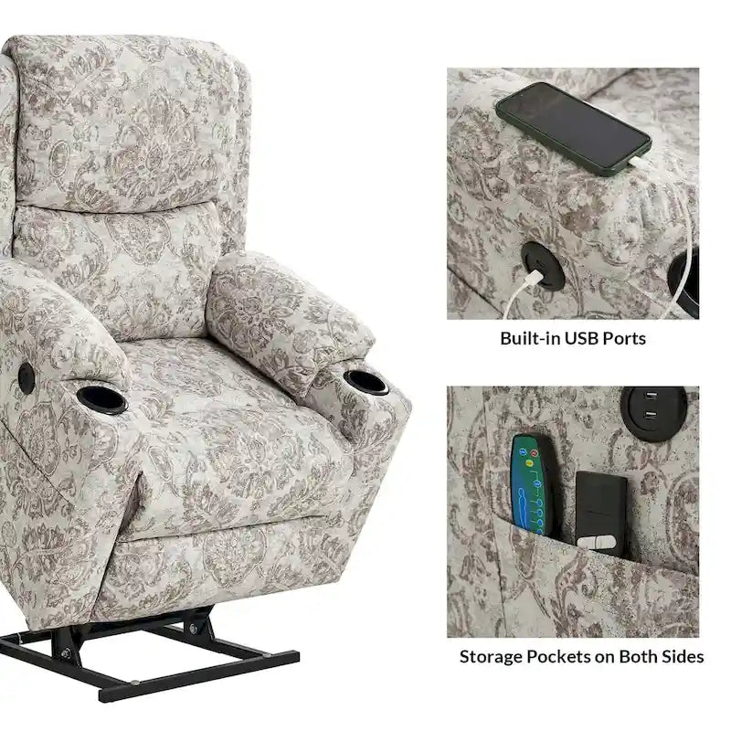 Larry Traditional Floral Dual Motor Heated Lift Assist Power Recliner with Massage Set of 2 by HULALA HOME