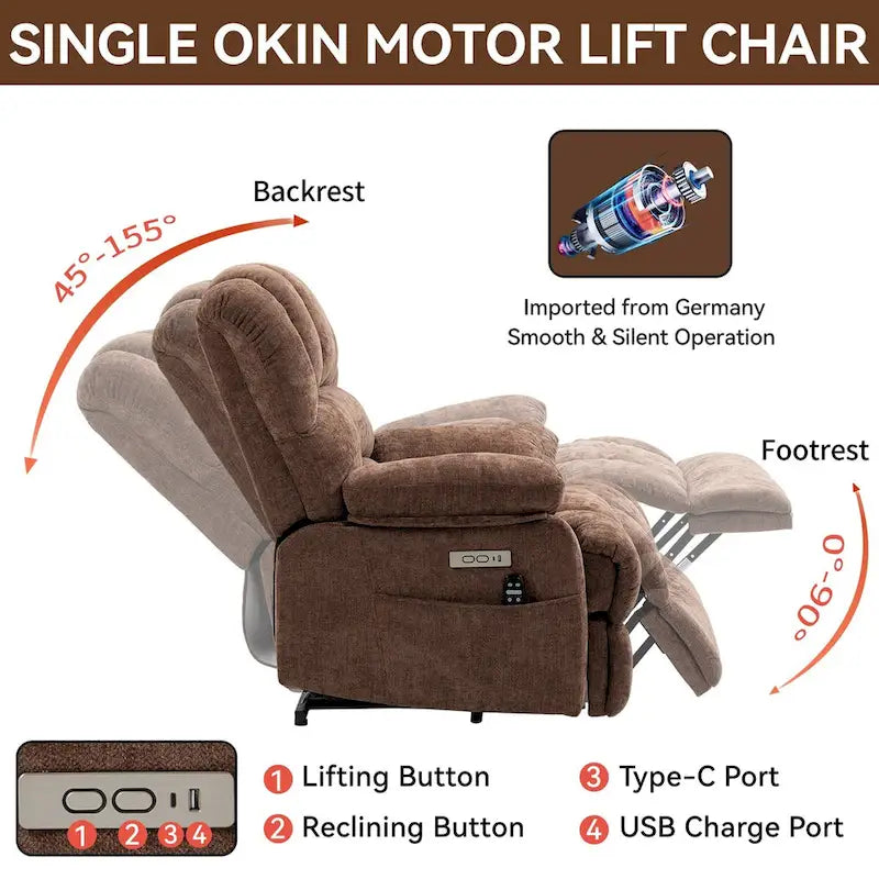 Chenille Large Electric Power Lift Massage & Heat, USB Port,Pockets