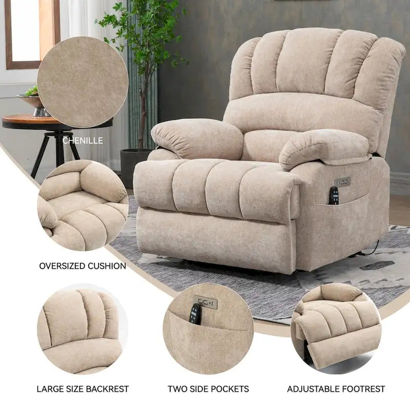Chenille Large Electric Power Lift Massage & Heat, USB Port,Pockets