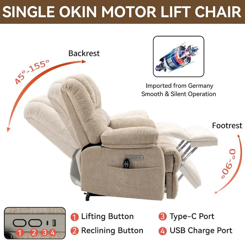Chenille Large Electric Power Lift Massage & Heat, USB Port,Pockets