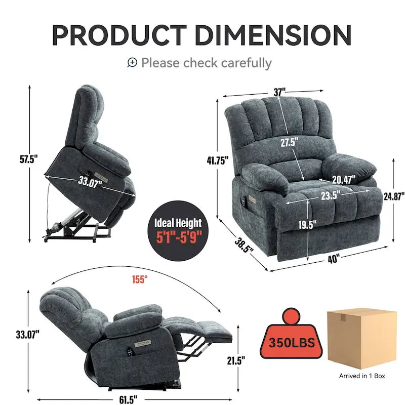 Chenille Large Electric Power Lift Massage & Heat, USB Port,Pockets