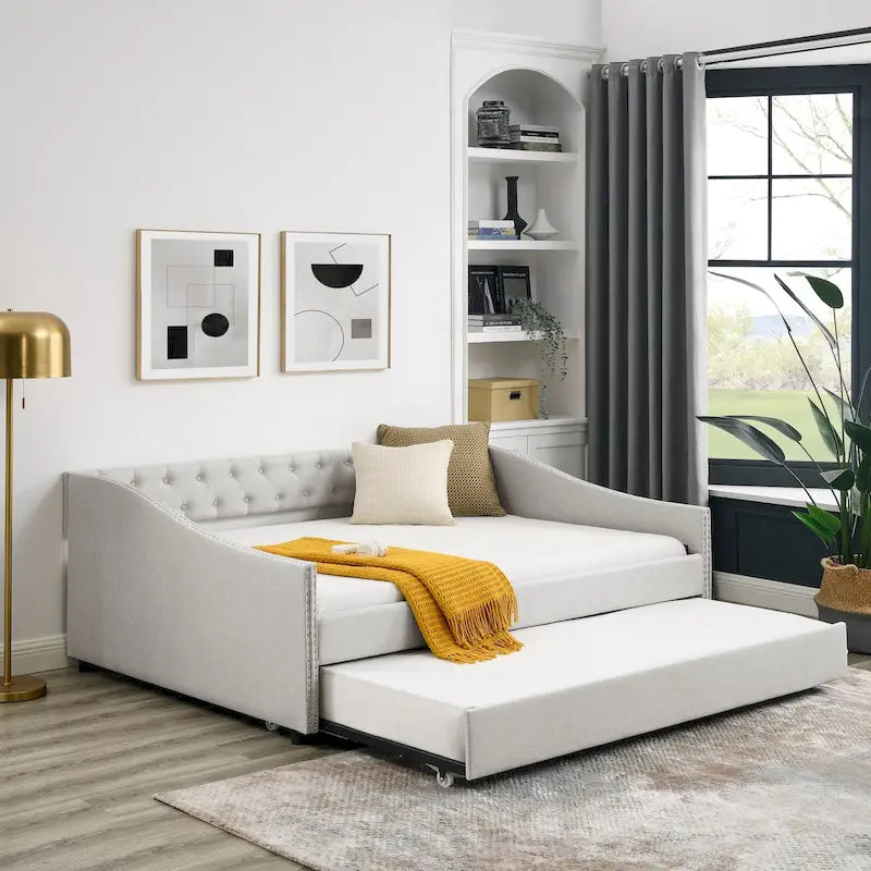 Full Size Daybed with Twin Size Trundle Upholstered Tufted Sofa Bed, with Button on Back and Copper Nail on Waved Shape Arms