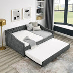 Full Size Daybed with Twin Size Trundle Upholstered Tufted Sofa Bed, with Button on Back and Copper Nail on Waved Shape Arms