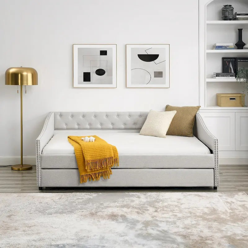 Full Size Daybed with Twin Size Trundle Upholstered Tufted Sofa Bed, with Button on Back and Copper Nail on Waved Shape Arms