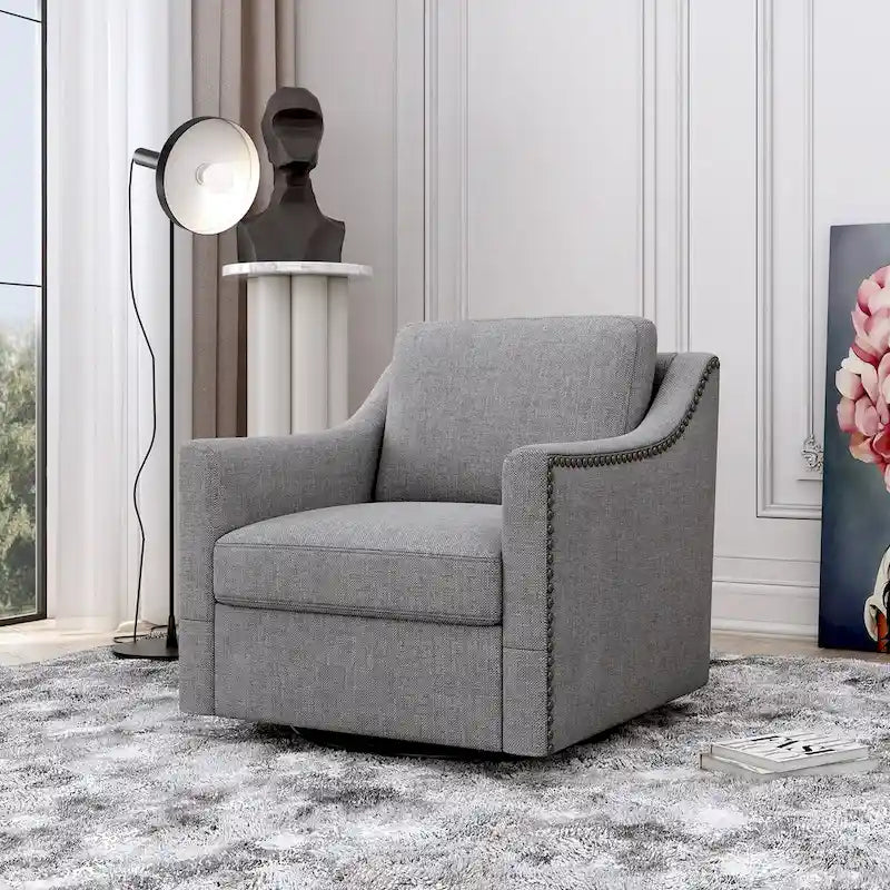 360 Degree Swivel Armchair Cotton linen fabric Ergonomic design Brass nail decorative armchair Living room chairs Black legs