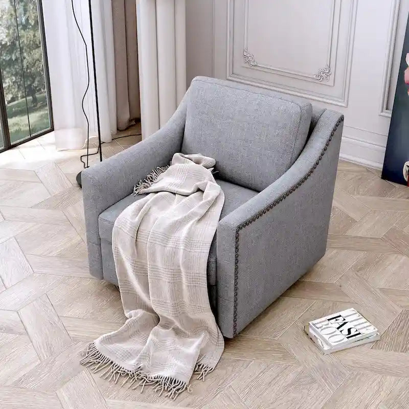 360 Degree Swivel Armchair Cotton linen fabric Ergonomic design Brass nail decorative armchair Living room chairs Black legs
