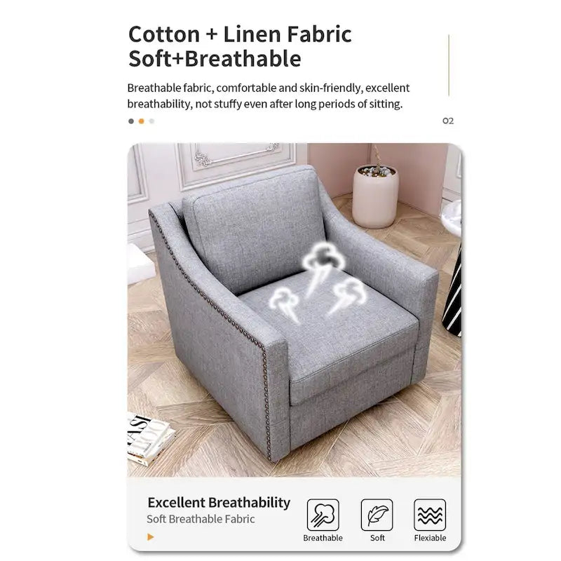 360 Degree Swivel Armchair Cotton linen fabric Ergonomic design Brass nail decorative armchair Living room chairs Black legs