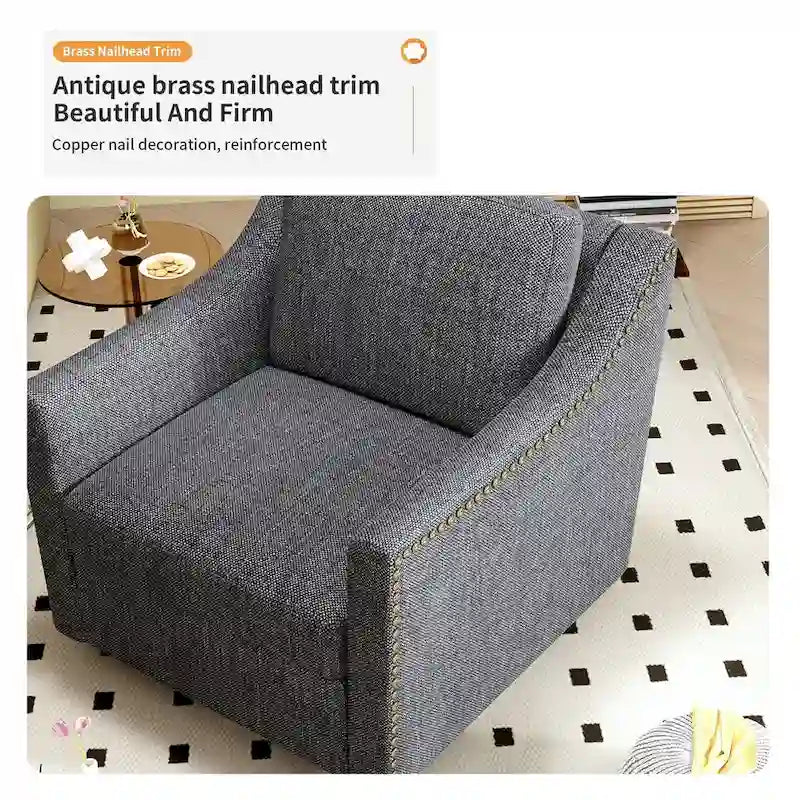 360 Degree Swivel Armchair Cotton linen fabric Ergonomic design Brass nail decorative armchair Living room chairs Black legs