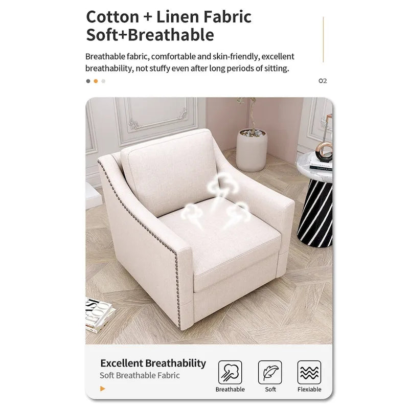 360 Degree Swivel Armchair Cotton linen fabric Ergonomic design Brass nail decorative armchair Living room chairs Black legs