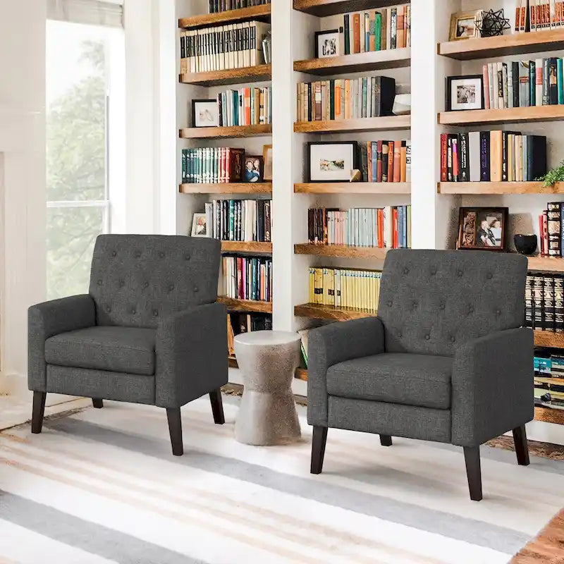 LUE BONA Modern Upholstered Accent Chair Linen Fabric Button Tufted Armchair with Solid Wood Frame - 28.5 W X 27.25 D X 33.75 H
