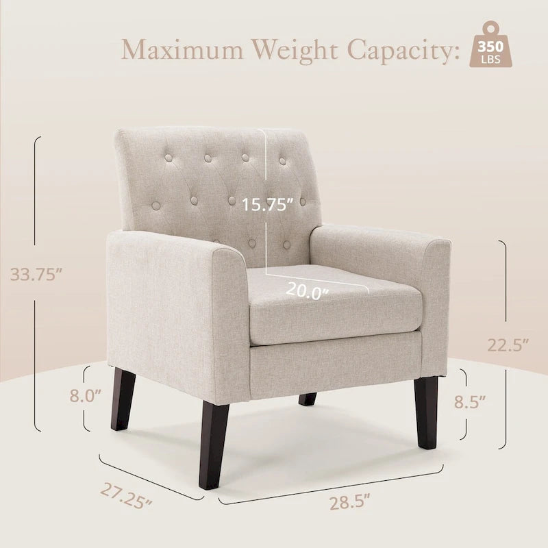 LUE BONA Modern Upholstered Accent Chair Linen Fabric Button Tufted Armchair with Solid Wood Frame - 28.5 W X 27.25 D X 33.75 H