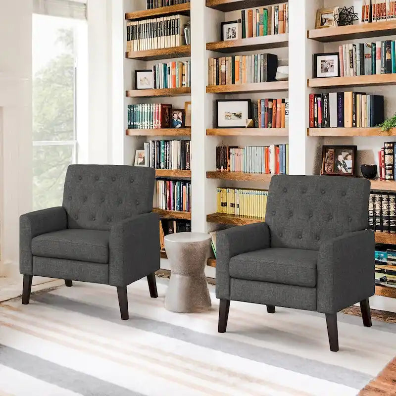 LUE BONA Modern Upholstered Accent Chair Linen Fabric Button Tufted Armchair with Solid Wood Frame - 28.5 W X 27.25 D X 33.75 H