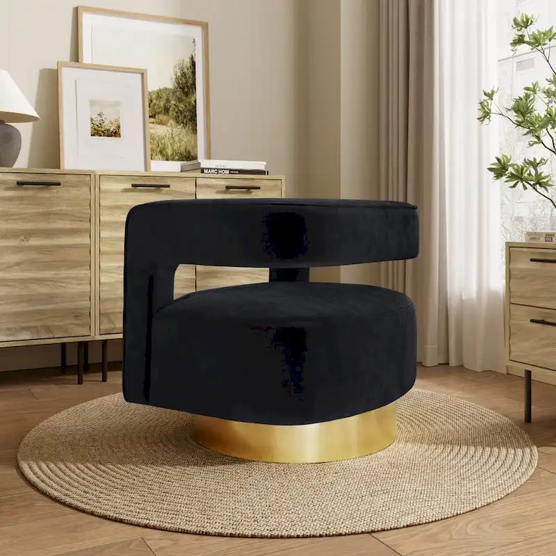 Fauteuil club en velours noir capitonné à dossier ouvert avec base dorée – 26,8 H x 29,5 L x 26 P
