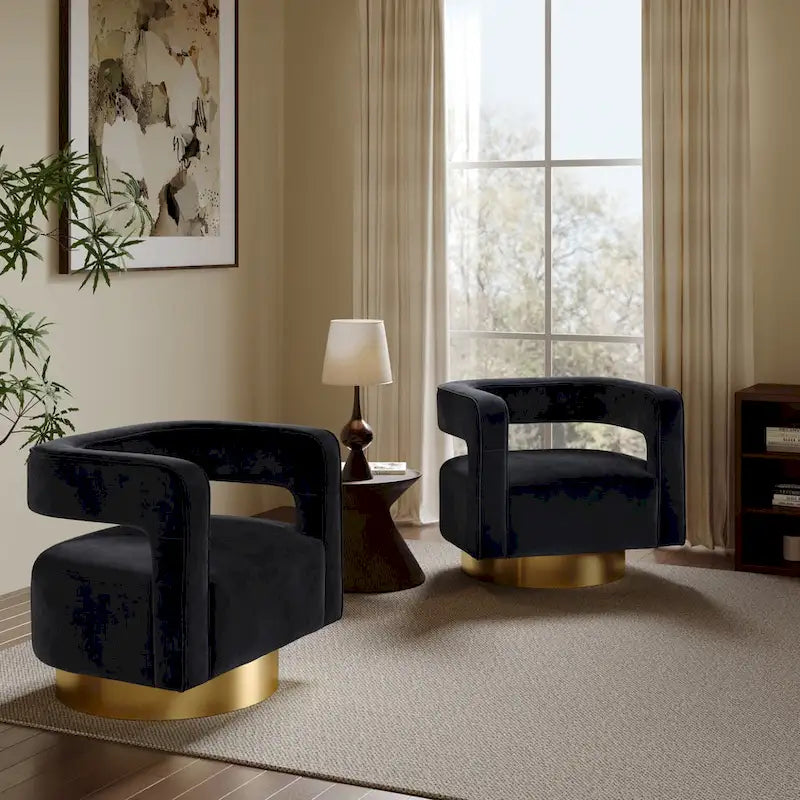 Fauteuil club en velours noir capitonné à dossier ouvert avec base dorée – 26,8 H x 29,5 L x 26 P