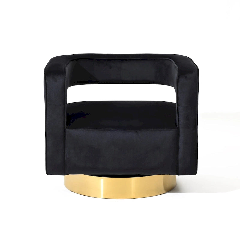 Fauteuil club en velours noir capitonné à dossier ouvert avec base dorée – 26,8 H x 29,5 L x 26 P