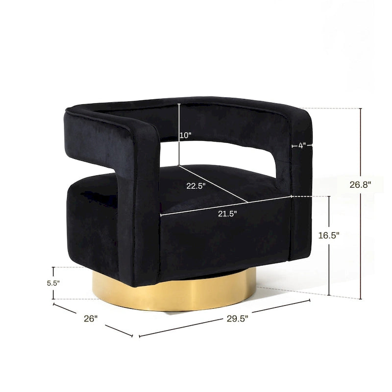 Fauteuil club en velours noir capitonné à dossier ouvert avec base dorée – 26,8 H x 29,5 L x 26 P