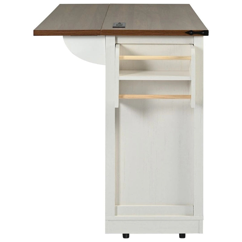 Meuble d'îlot de cuisine de style campagnard avec roulettes et prise de courant