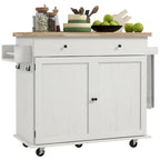 HOMCOM Îlot de cuisine avec rangement, Chariot de cuisine roulant style ferme sur roulettes avec tiroir, 2 armoires, dessus en bois d'hévéa