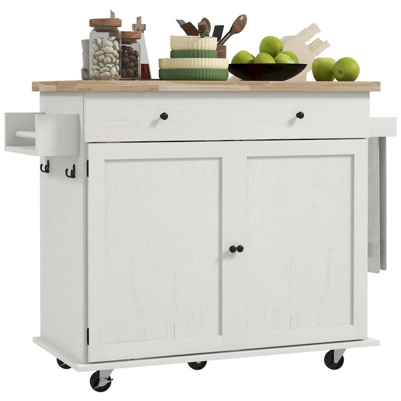 HOMCOM Îlot de cuisine avec rangement, Chariot de cuisine roulant style ferme sur roulettes avec tiroir, 2 armoires, dessus en bois d'hévéa