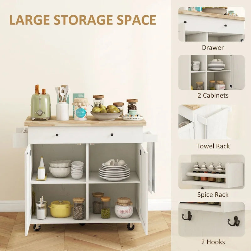 HOMCOM Îlot de cuisine avec rangement, Chariot de cuisine roulant style ferme sur roulettes avec tiroir, 2 armoires, dessus en bois d'hévéa