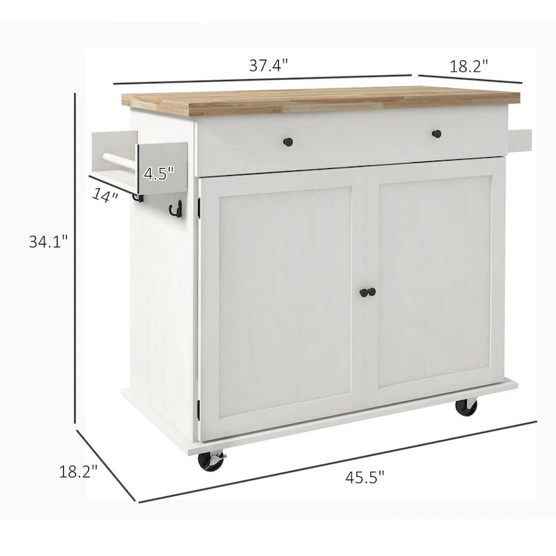 HOMCOM Îlot de cuisine avec rangement, Chariot de cuisine roulant style ferme sur roulettes avec tiroir, 2 armoires, dessus en bois d'hévéa