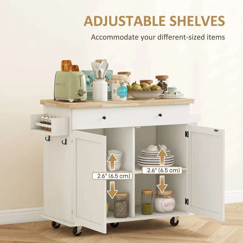HOMCOM Îlot de cuisine avec rangement, Chariot de cuisine roulant style ferme sur roulettes avec tiroir, 2 armoires, dessus en bois d'hévéa