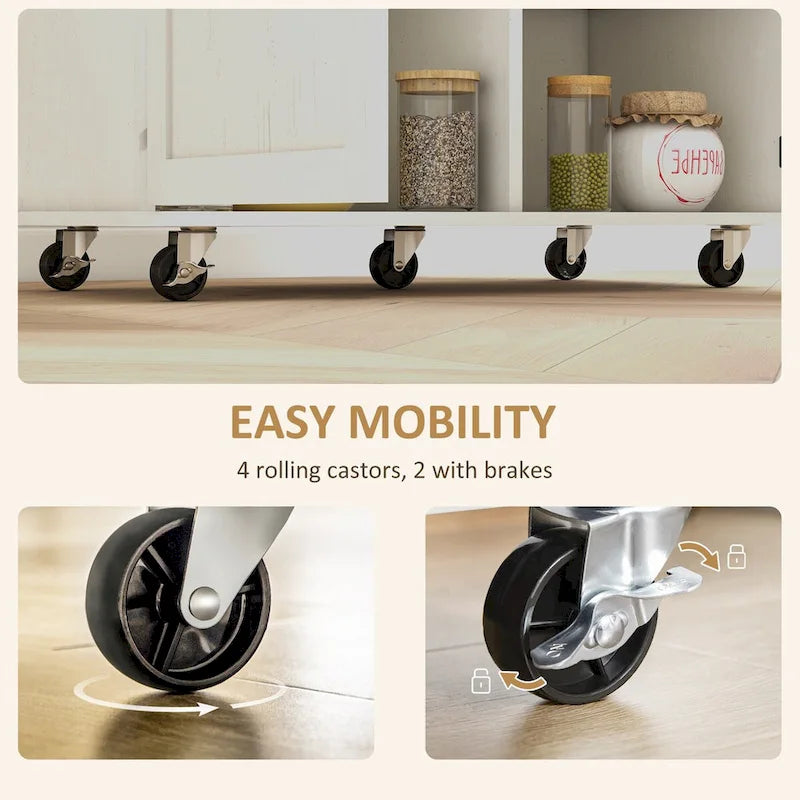 HOMCOM Îlot de cuisine avec rangement, Chariot de cuisine roulant style ferme sur roulettes avec tiroir, 2 armoires, dessus en bois d'hévéa