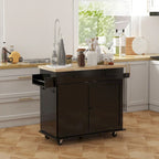 HOMCOM Îlot de cuisine avec rangement, Chariot de cuisine roulant style ferme sur roulettes avec tiroir, 2 armoires, dessus en bois d'hévéa