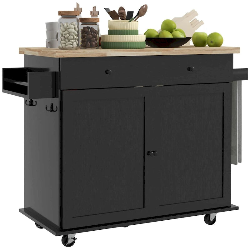 HOMCOM Îlot de cuisine avec rangement, Chariot de cuisine roulant style ferme sur roulettes avec tiroir, 2 armoires, dessus en bois d'hévéa