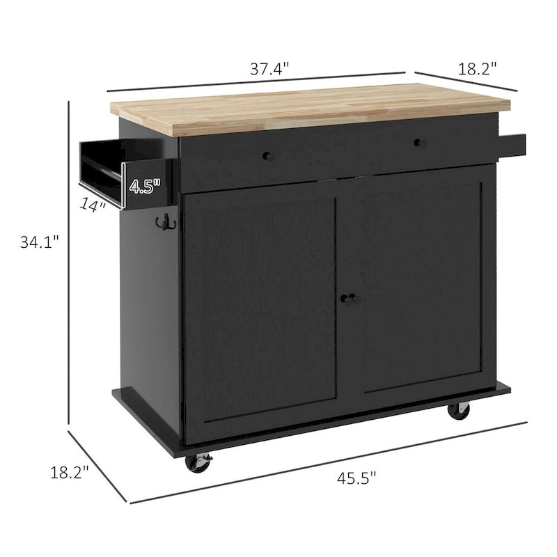 HOMCOM Îlot de cuisine avec rangement, Chariot de cuisine roulant style ferme sur roulettes avec tiroir, 2 armoires, dessus en bois d'hévéa