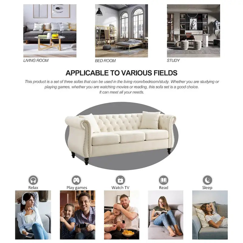 3-Seater Chesterfield Upholstered Tufted Sofa with Rolled Arms and Nailhead