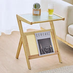 Table d'appoint en bambou avec plateau en verre et étagère de rangement