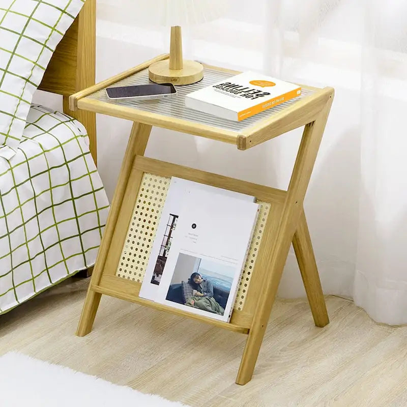 Table d'appoint en bambou avec plateau en verre et étagère de rangement