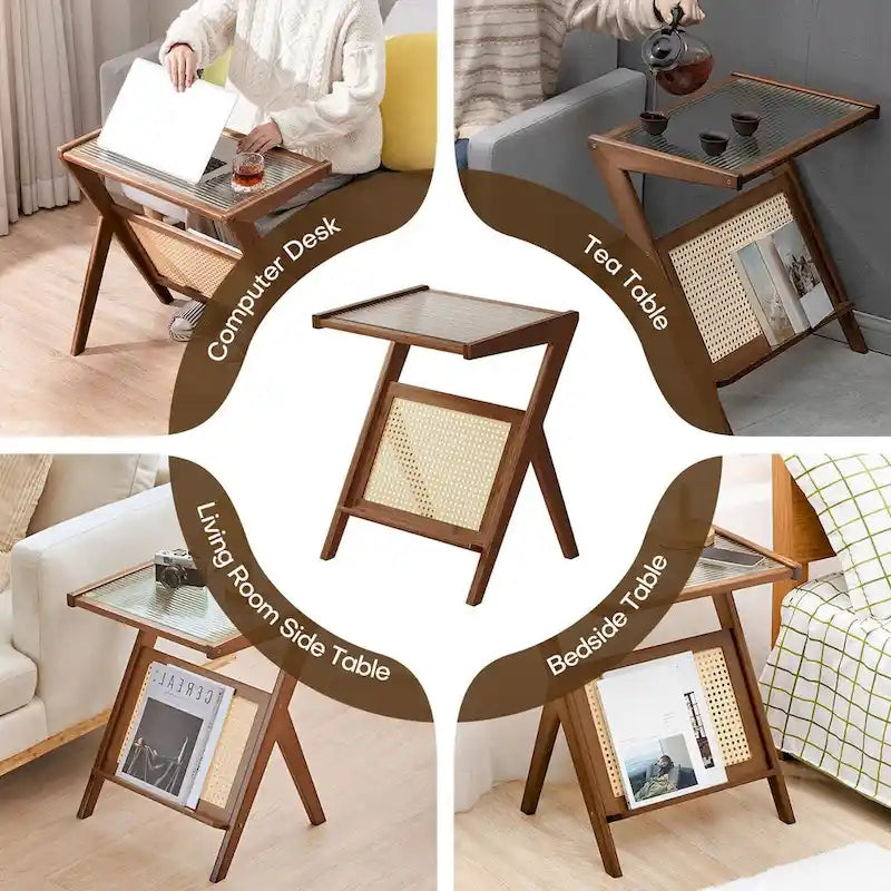 Table d'appoint en bambou avec plateau en verre et étagère de rangement