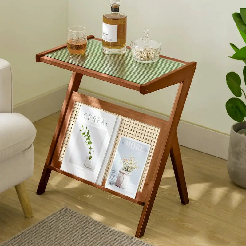 Table d'appoint en bambou avec plateau en verre et étagère de rangement