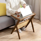 Table d'appoint en bambou avec plateau en verre et étagère de rangement