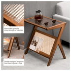 Table d'appoint en bambou avec plateau en verre et étagère de rangement