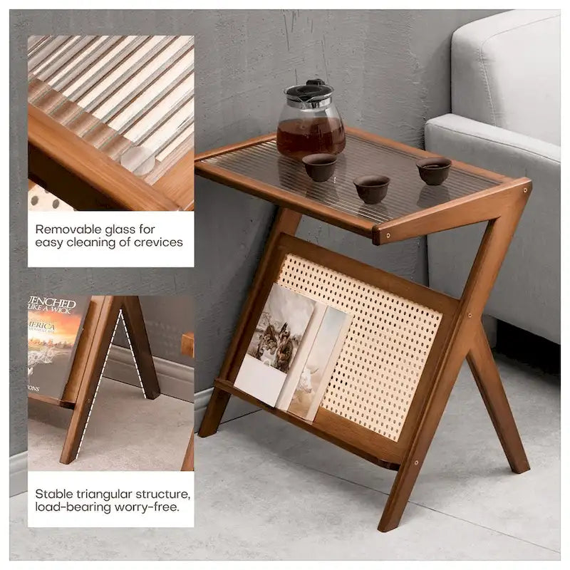 Table d'appoint en bambou avec plateau en verre et étagère de rangement