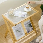 Table d'appoint en bambou avec plateau en verre et étagère de rangement