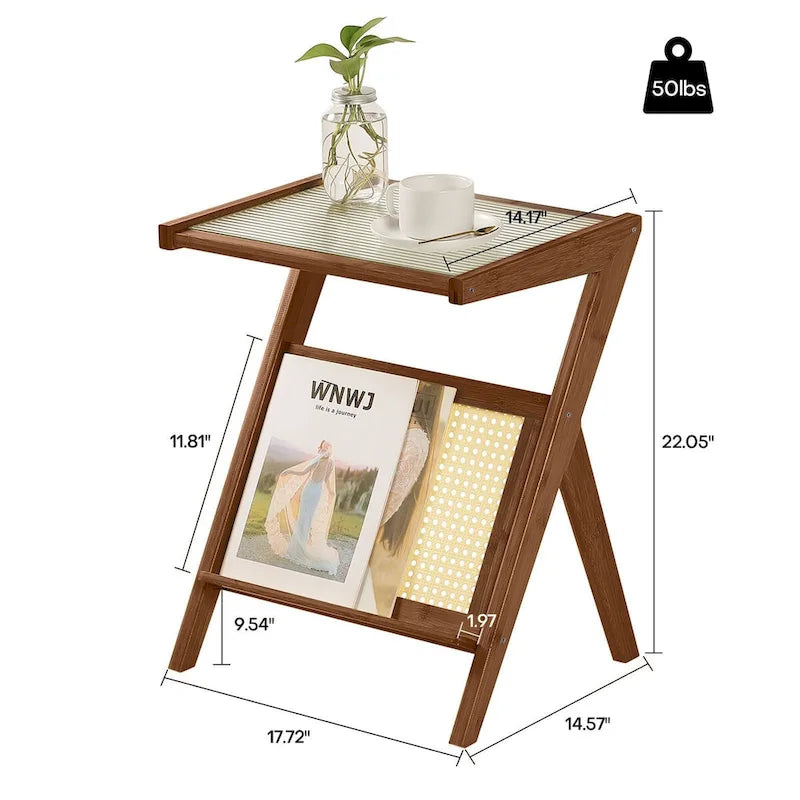 Table d'appoint en bambou avec plateau en verre et étagère de rangement