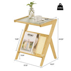 Table d'appoint en bambou avec plateau en verre et étagère de rangement
