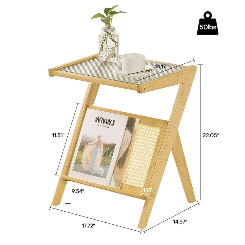 Table d'appoint en bambou avec plateau en verre et étagère de rangement