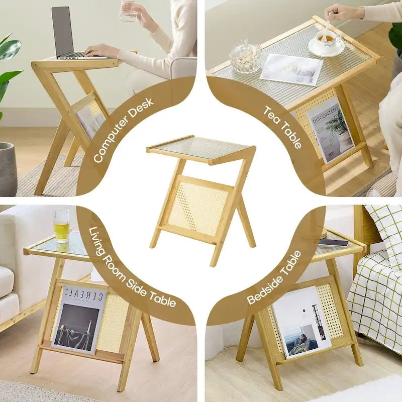 Table d'appoint en bambou avec plateau en verre et étagère de rangement