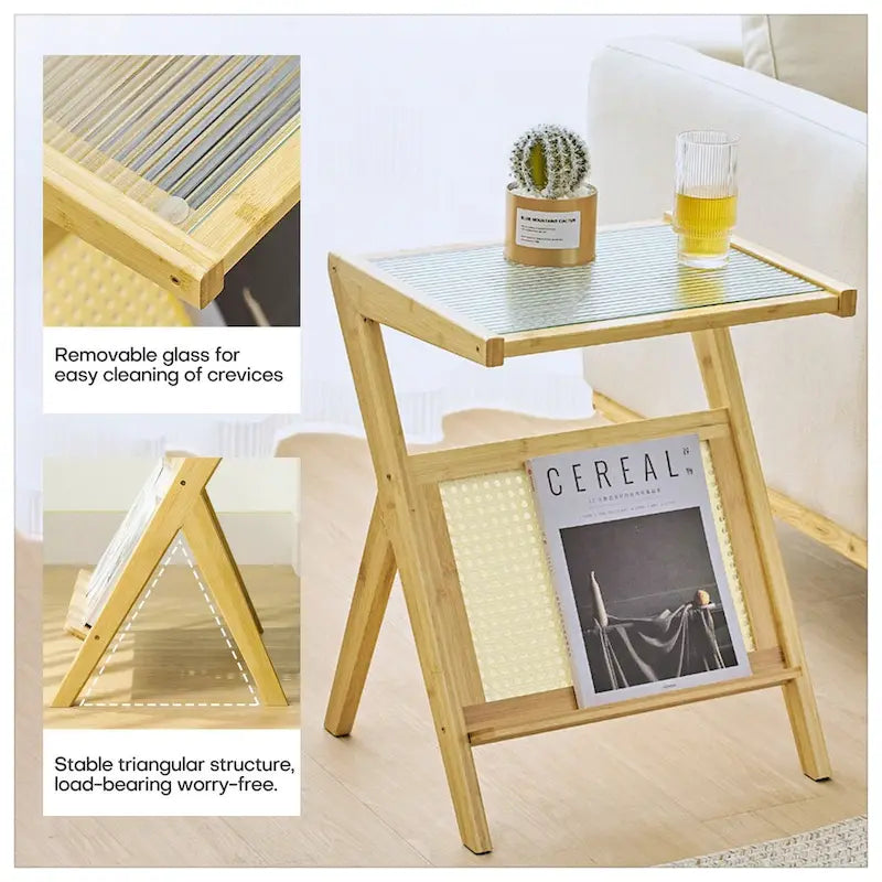 Table d'appoint en bambou avec plateau en verre et étagère de rangement