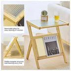Table d'appoint en bambou avec plateau en verre et étagère de rangement