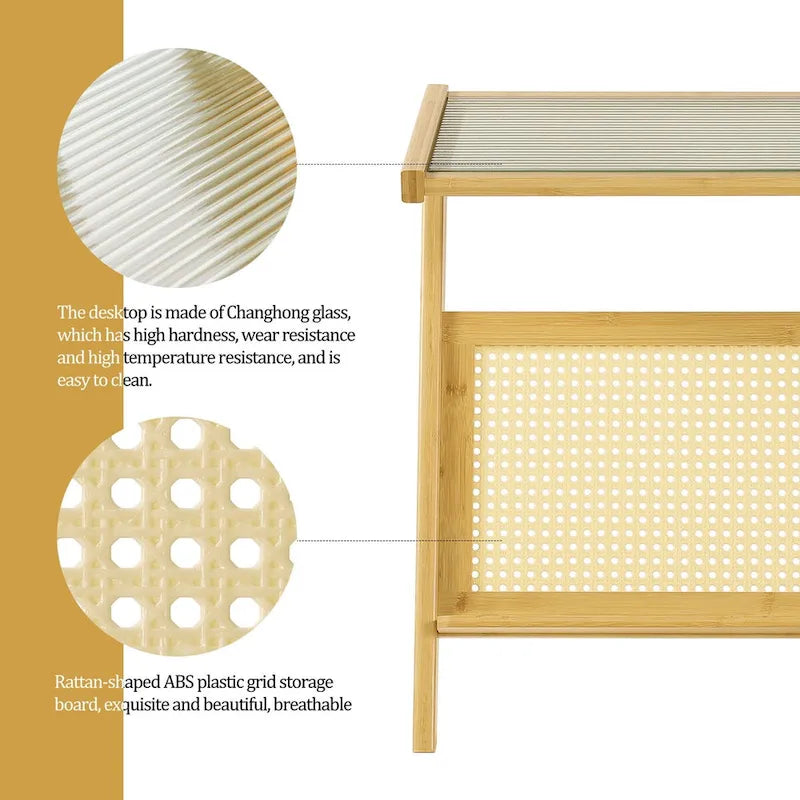 Table d'appoint en bambou avec plateau en verre et étagère de rangement