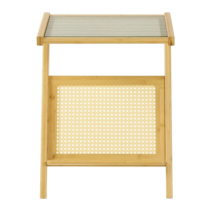 Table d'appoint en bambou avec plateau en verre et étagère de rangement