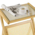 Table d'appoint en bambou avec plateau en verre et étagère de rangement